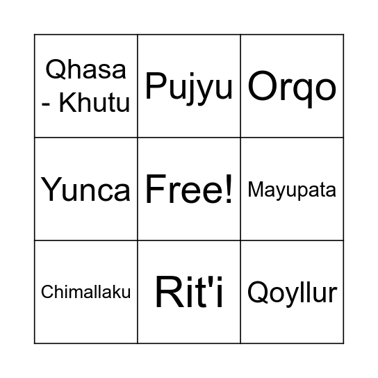 Quechua Bingo Card