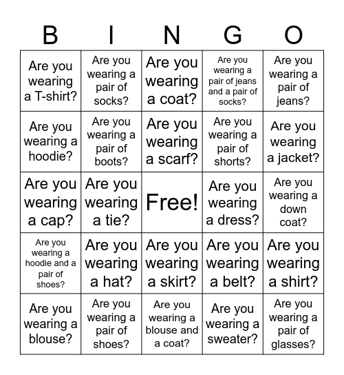 What are you wearing today? Bingo Card