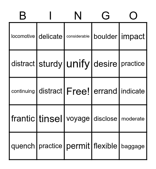 Vocabulary List #1 Bingo Card