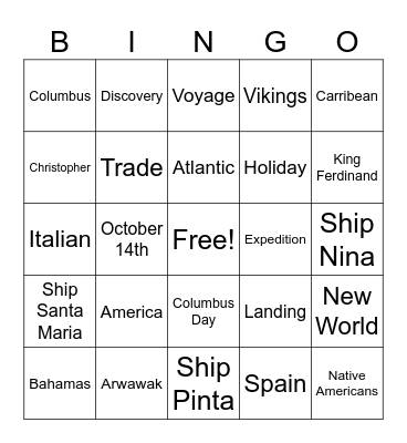 Columbus Day Bingo Card