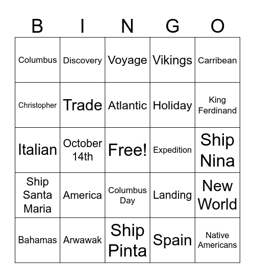 Columbus Day Bingo Card