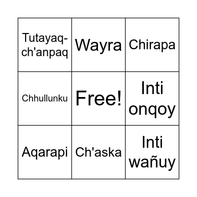 Quechua Bingo Card