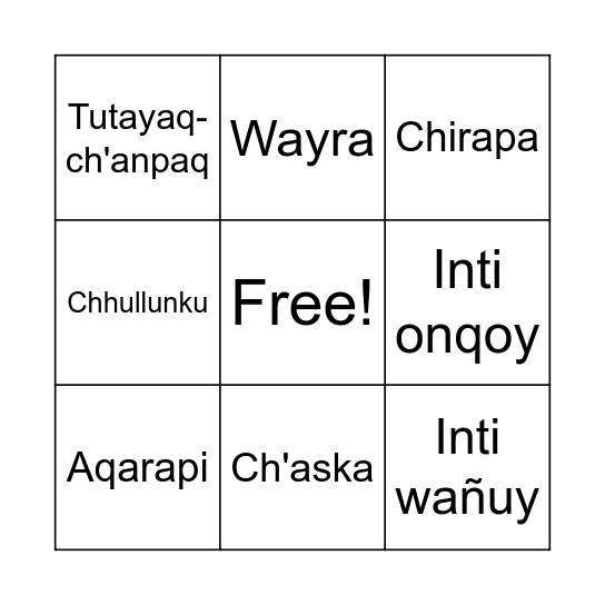 Quechua Bingo Card