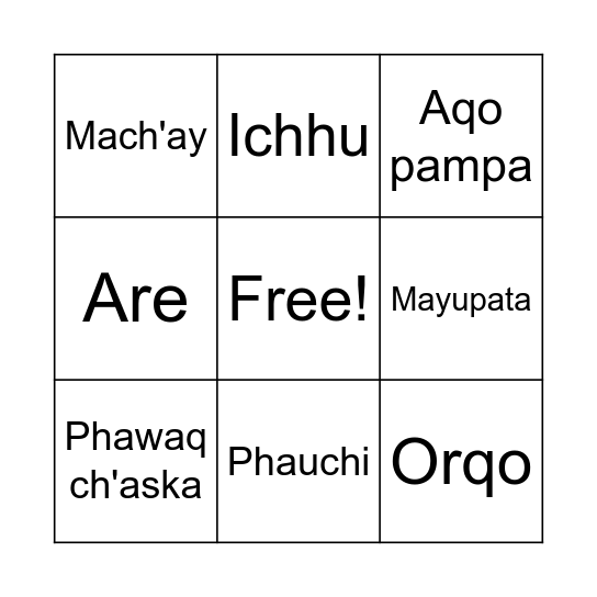 Quechua Bingo Card