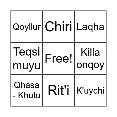 Quechua Bingo Card