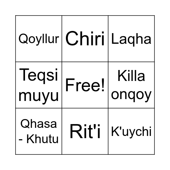 Quechua Bingo Card