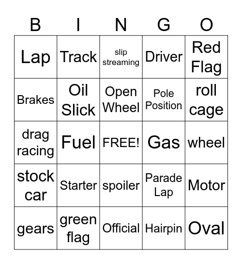 Racing Bingo Card