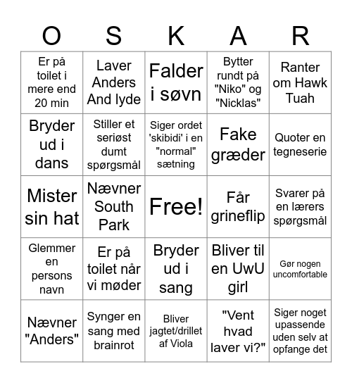 Oskar Bingo Card