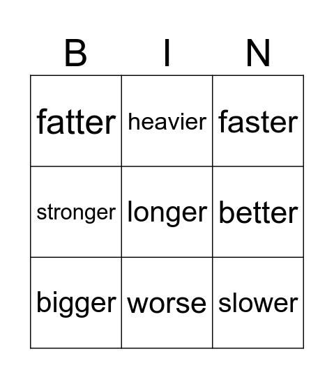 comparative adjectives Bingo Card