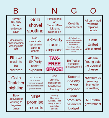 Sask Election Bingo 2024 Bingo Card