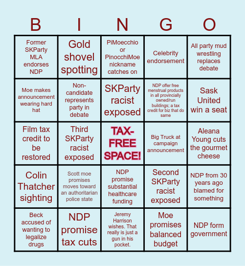 Sask Election Bingo 2024 Bingo Card