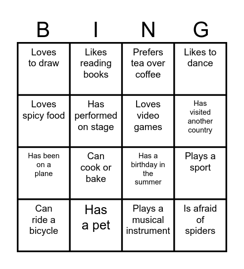 get to know each other Bingo Card