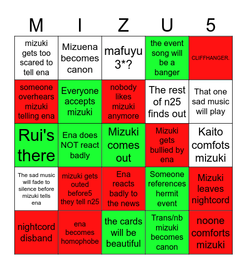 red= pls no green= pls yes Bingo Card