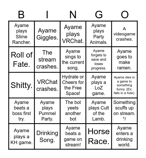 Ayame's Subathon Bingo 2024 Bingo Card