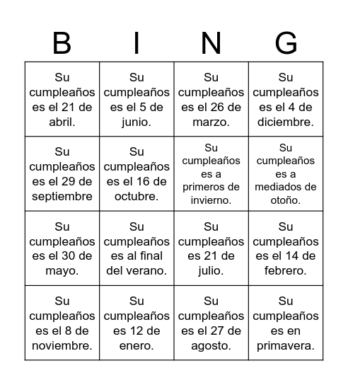 Bingo humano: Los cumpleaños Bingo Card