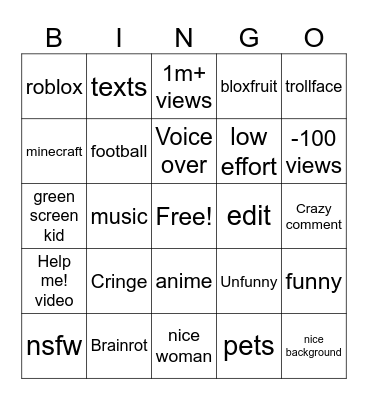 Shorts bingo Card