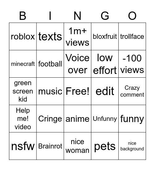 Shorts bingo Card