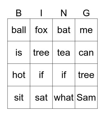 English Bingo Card