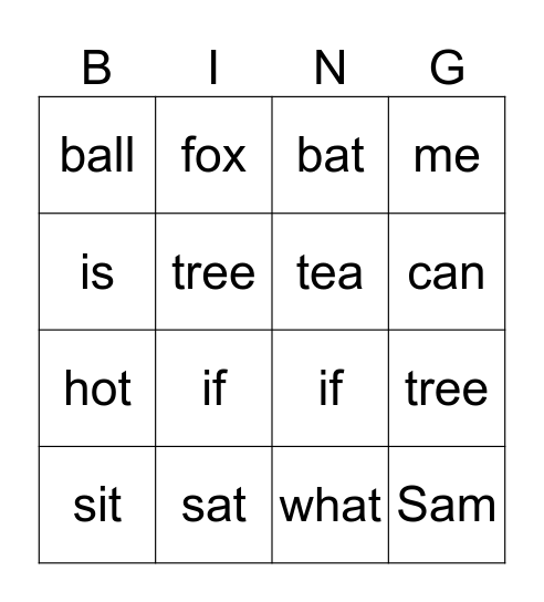 English Bingo Card