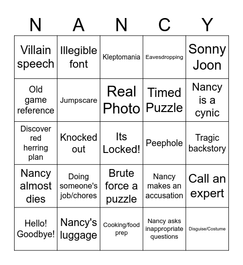 Nancy Drew BINGO Card