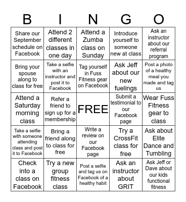 Fuss Fitness Bingo Card