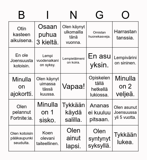 Tutustumisbingo Card