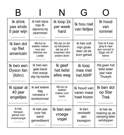 Zoek de juiste persoon bij het feitje & win Bingo Card