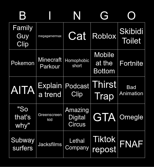 Youtube Shorts Bingo Card