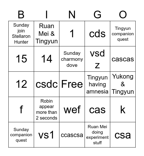 HSR 2.7 BINGO Card