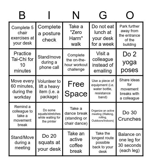 Movement Bingo Card