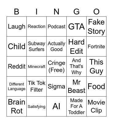 YT SHORTS Bingo Card