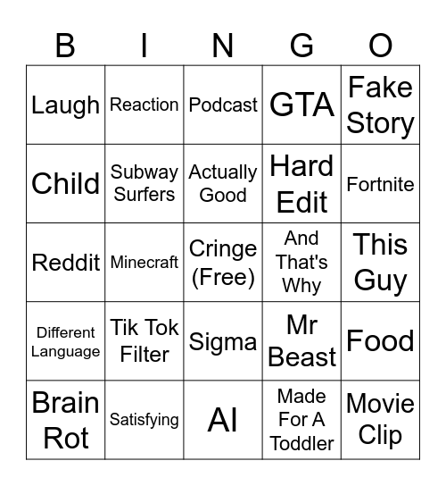 YT SHORTS Bingo Card