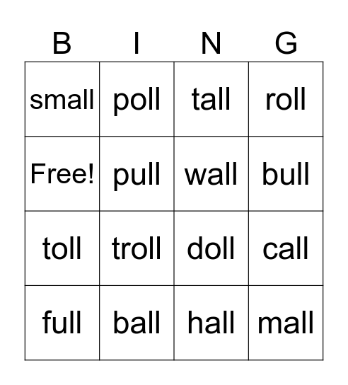 -all, -oll, -ull Word Bingo Card
