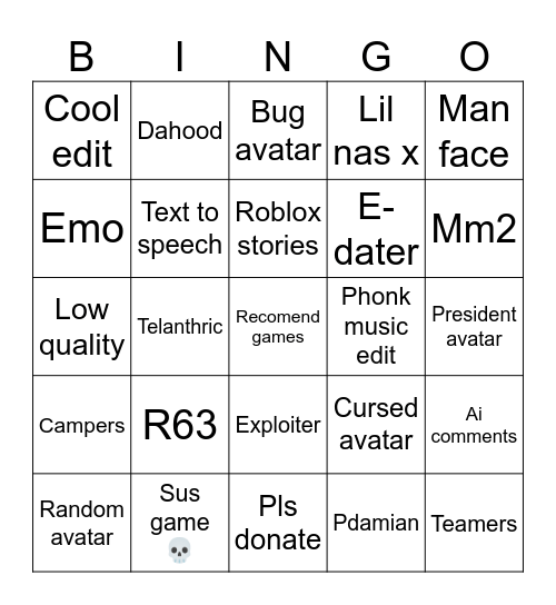 Roblox Bingo Card