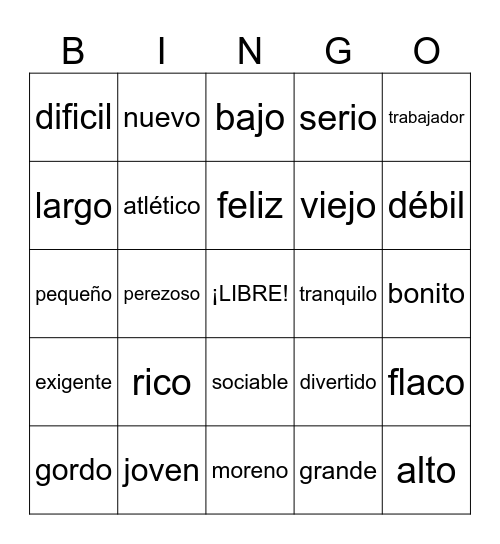 Los Adjetivos en Español Bingo Card