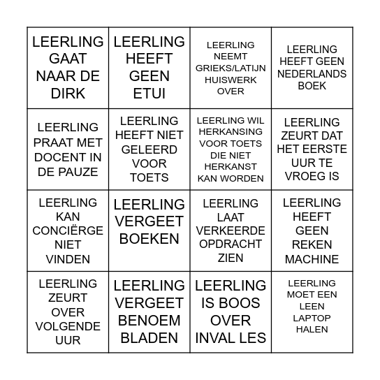 Leerlingen bingo Card