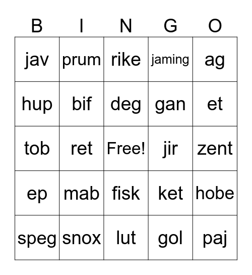 fake word bingo Card