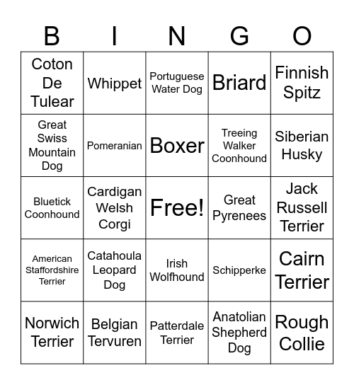 Dog Breeds Bingo Card