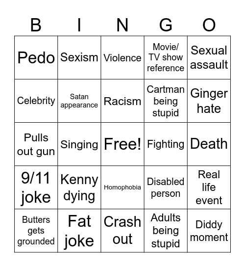 South Park Bingo Card