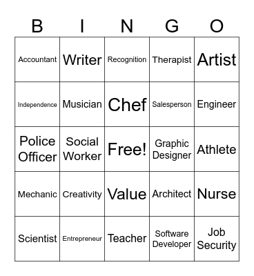 Career Values Bingo Card