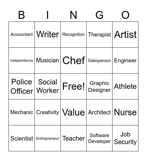 Career Values Bingo Card