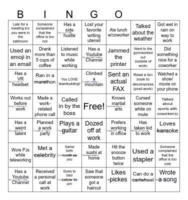 Workplace Bingo Card