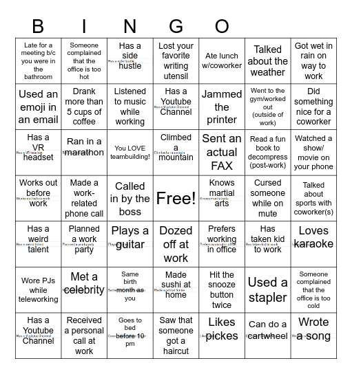 Workplace Bingo Card