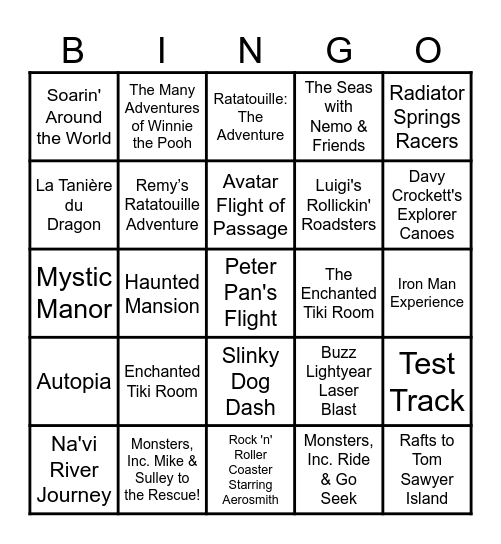 D-Tales Disney Attractions Bingo Card