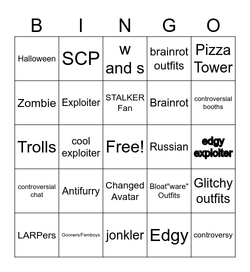 Roblox RMA (Rate My Avatar) Bingo Card