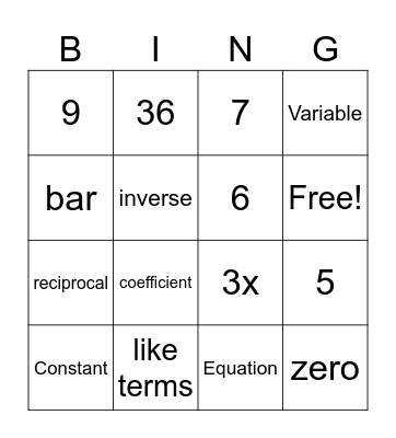Equation Vocabulary Bingo Card
