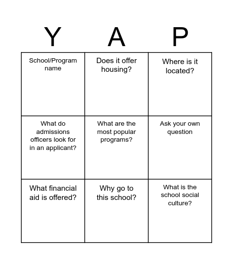 Yapping with Representatives Bingo Card