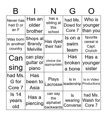 Core 8 Human Bingo Card