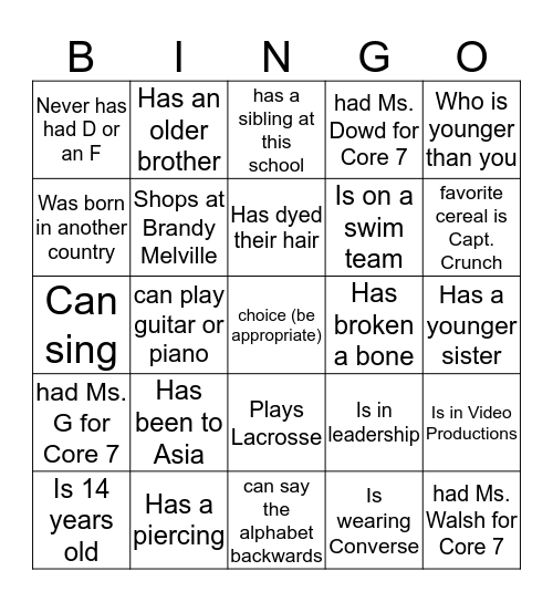 Core 8 Human Bingo Card