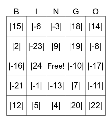Absolute Value Bingo Card
